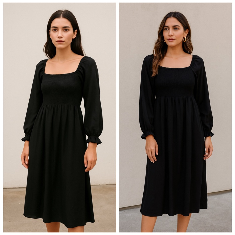 Black Smocked Midi Dress XL Long Sleeve Square Neck Casual Dress - Picture 2 of 8